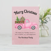 ヴィンテージピンク赤トラックのクリスマスツリーメリー シーズンカード (スタンド正面)