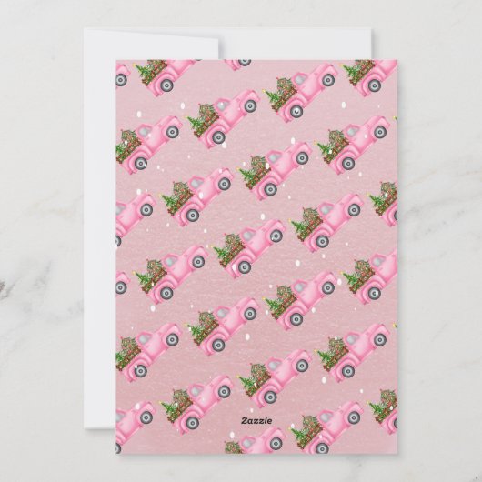 ヴィンテージピンク赤トラックのクリスマスツリーメリー シーズンカード (裏面)