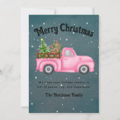 ヴィンテージピンク赤トラックのクリスマスツリーメリー シーズンカード (正面)