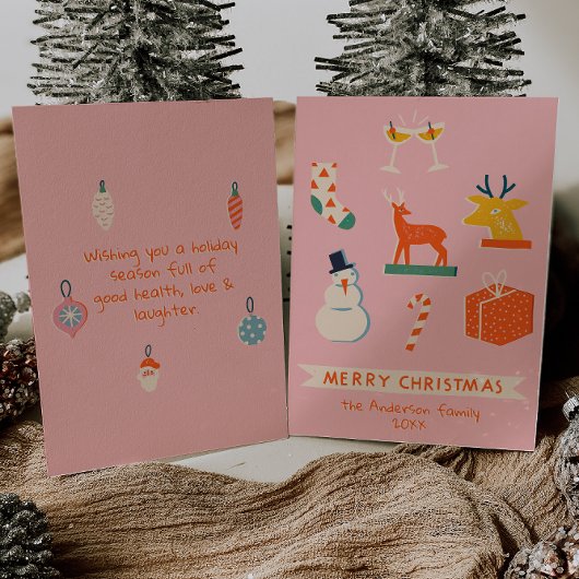ヴィンテージピンク赤図解入りの、写真付きのクリスマス非写真 シーズンカード