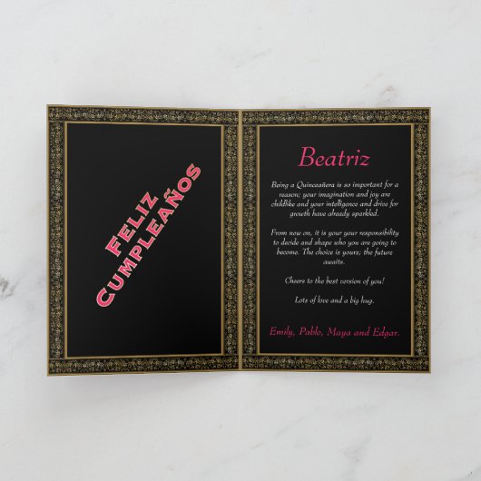 ヴィンテージピンク金ゴールドお誕生日ケーキキンセアニェラ カード (内部)