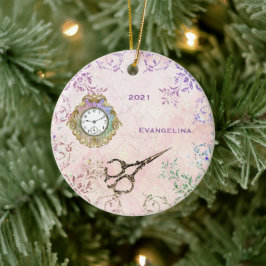 ヴィンテージピンク金ゴールドはさみガラス セラミックオーナメント