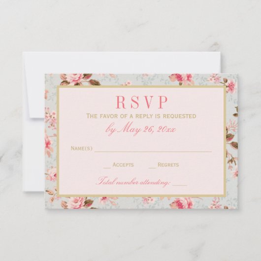 ヴィンテージピンク金ゴールドフローラガーデン結婚パーティー 出欠カード (正面)