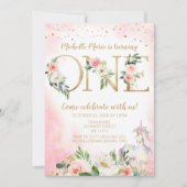ヴィンテージピンク金ゴールドフローラユニコーンファースト誕生日 招待状 (正面)