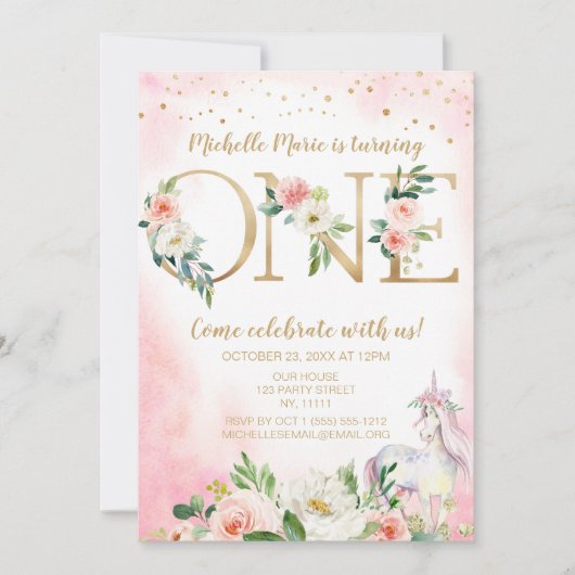 ヴィンテージピンク金ゴールドフローラユニコーンファースト誕生日 招待状 (正面)