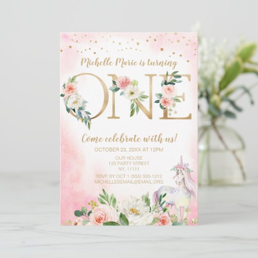 ヴィンテージピンク金ゴールドフローラユニコーンファースト誕生日 招待状 (スタンド正面)