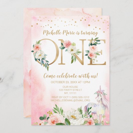 ヴィンテージピンク金ゴールドフローラユニコーンファースト誕生日 招待状 (正面/裏面)