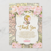 ヴィンテージピンク金ゴールドフローラ旅行地図卒業 サンキューカード (正面/裏面)