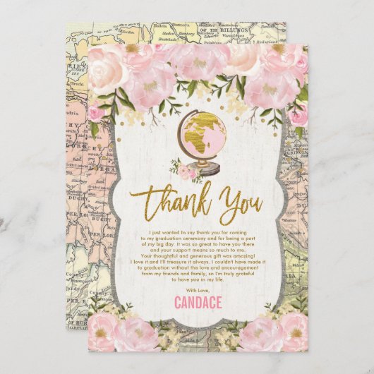 ヴィンテージピンク金ゴールドフローラ旅行地図卒業 サンキューカード (正面/裏面)