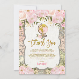 ヴィンテージピンク金ゴールドフローラ旅行地図卒業 サンキューカード