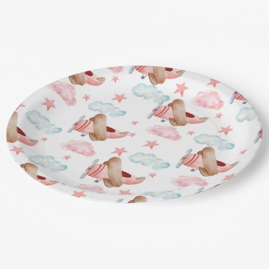 ヴィンテージピンク飛行機パイロット誕生日パーティー ペーパープレート (アングル)