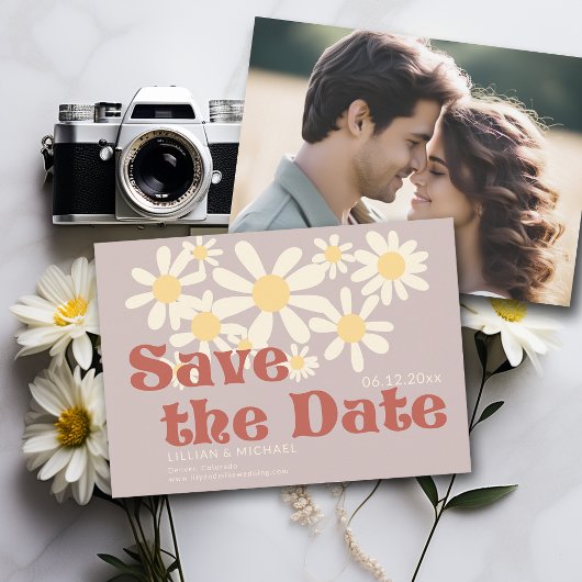 ヴィンテージピンク70sデイジー写真結婚式 招待状