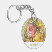 ヴィンテージピンク&イエローローズあなたの名前を追加 キーホルダー (正面左)