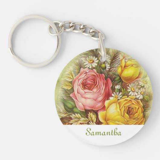 ヴィンテージピンク&イエローローズあなたの名前を追加 キーホルダー (正面)