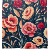 ヴィンテージピンク、オレンジ、赤の花柄 シャワーカーテン (正面)