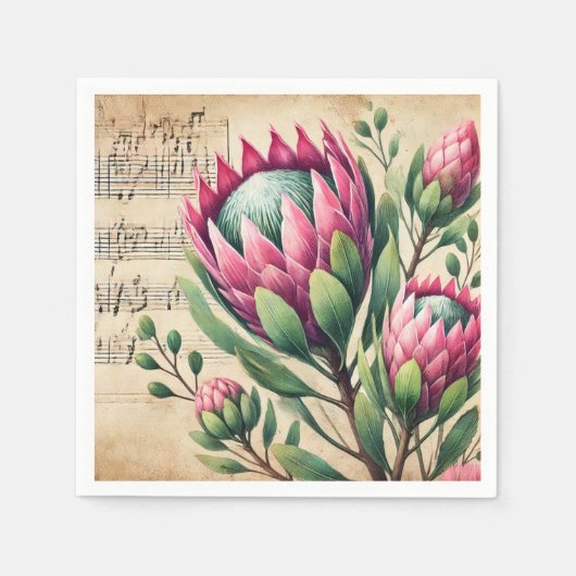 ヴィンテージピンク&グリーンウォーターカラープロテアデクーページ スタンダードカクテルナプキン (正面)