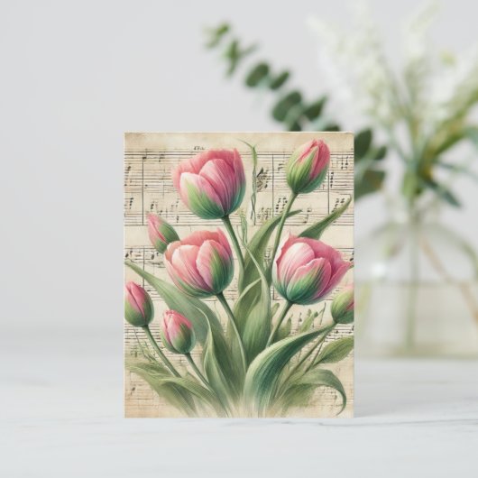 ヴィンテージピンク&グリーンチューリップシートミュージックスクラップブック (スタンド正面)