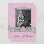 ヴィンテージピンク、グレーのダマスクのスクロール写真結婚の数 招待状 (正面/裏面)