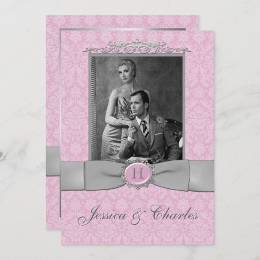 ヴィンテージピンク、グレーのダマスクのスクロール写真結婚の数 招待状 (正面/裏面)