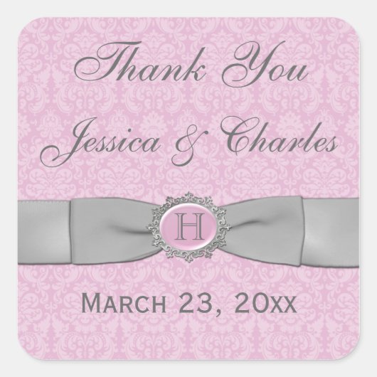 ヴィンテージピンク、グレーダマスクの結婚式の好意ステッカー スクエアシール (正面)