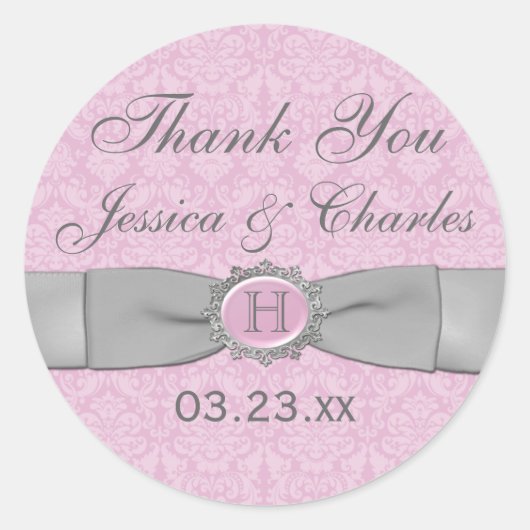 ヴィンテージピンク、グレーダマスクの結婚式の好意ステッカー ラウンドシール (正面)