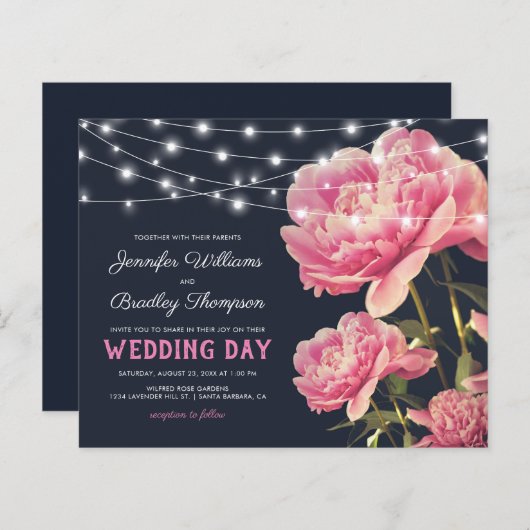 ヴィンテージピンク&ネイビー予算結婚式招待状 (正面/裏面)