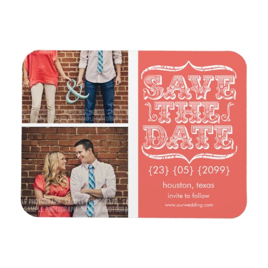 ヴィンテージピンク&ホワイト日付写真マグネットを保存 マグネット (横)