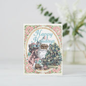 ヴィンテージピンク+ミントブラックサンタクロースクリスマス シーズンポストカード (スタンド正面)