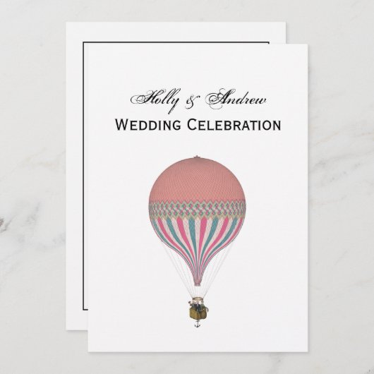 ヴィンテージピンク、ライトブルー熱気球V結婚ズ 招待状 (正面/裏面)