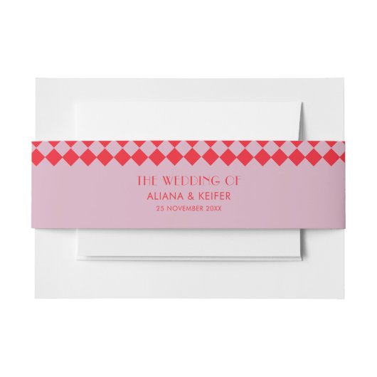 ヴィンテージピンク&レッドチェッカーボードレトロ結婚ズ 招待状ベリーバンド (正面例)