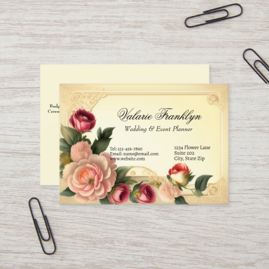 ヴィンテージピンク&レッドローゼエレガントウェディングプランナー 名刺 (正面/裏面インサイチュ)