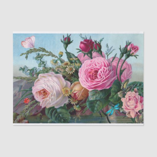 ヴィンテージピンク、赤のバラとバグのフローラ 薄葉紙 (正面)