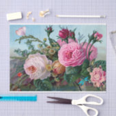 ヴィンテージピンク、赤のバラとバグのフローラ 薄葉紙 (クラフト)