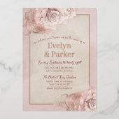 ヴィンテージピンク&赤面バラとバラ金ゴールド結婚の 箔招待状 (正面)