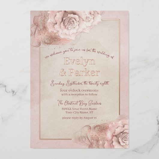 ヴィンテージピンク&赤面バラとバラ金ゴールド結婚の 箔招待状 (正面)