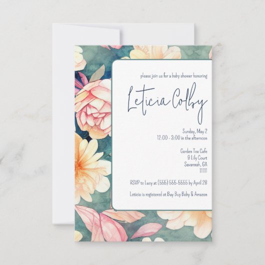 ヴィンテージピンク、青、緑のフローラ赤ちゃんシャワー 招待状 (正面)