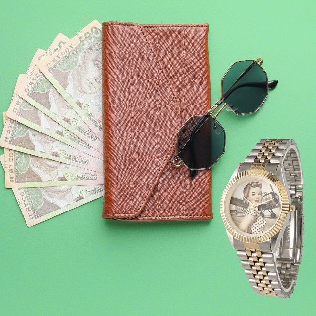 ヴィンテージピンナップの女の子と第2次世界大戦飛行機エレガント、 腕時計 (クリエイターアップロード済み)