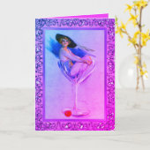 ヴィンテージピンナップ女の子ダーティマルティニ可愛いピンクパープル カード (黄色い花)