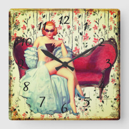 ヴィンテージピン留め女の子レトロサザンベレッド スクエア壁時計