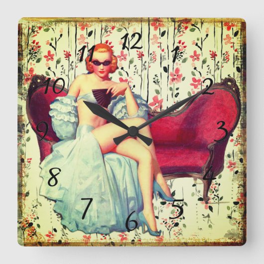 ヴィンテージピン留め女の子レトロサザンベレッド スクエア壁時計 (正面)