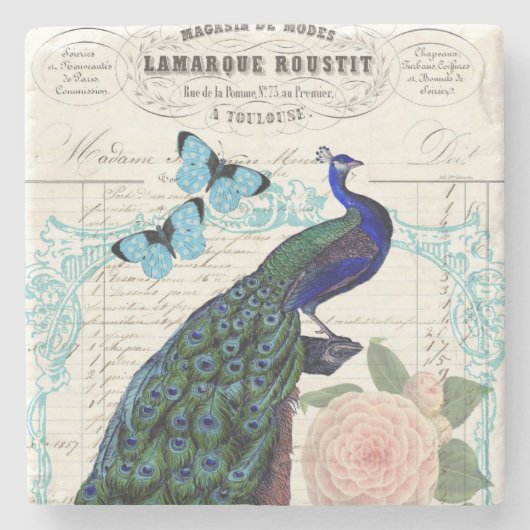 ヴィンテージピーコックオンエフフランスのエメラコラージュ ストーンコースター (正面)