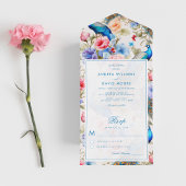 ヴィンテージピーコックガーデンアンティークブルーフローラ結婚ズ オールインワン招待状