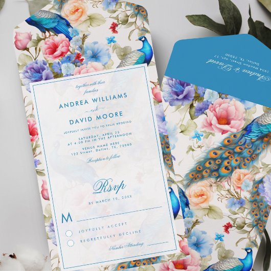 ヴィンテージピーコックガーデンアンティークブルーフローラ結婚ズ オールインワン招待状