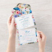 ヴィンテージピーコックガーデンアンティークブルーフローラ結婚ズ オールインワン招待状 (貼ってはがせる)