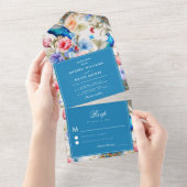 ヴィンテージピーコックガーデンブルーアンティークフローラ結婚 オールインワン招待状 (貼ってはがせる)