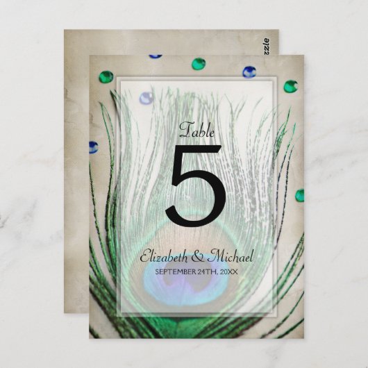ヴィンテージピーコックジュエリー結婚タンのテーブル番号 ポストカード (正面/裏面)