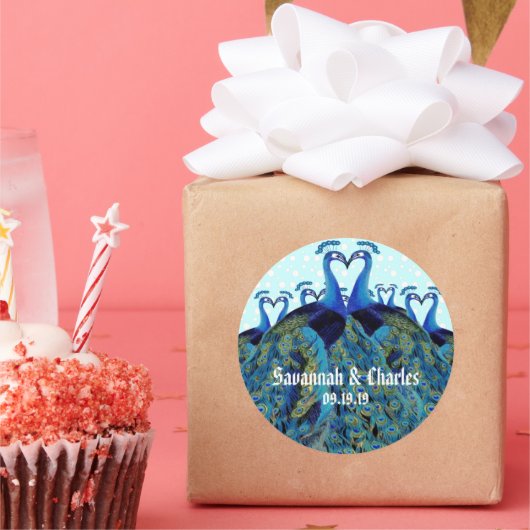 ヴィンテージピーコックスキスをする結婚式の引き出物 ラウンドシール (パーティー)
