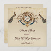 ヴィンテージピーコックスクエア結婚式招待状リネン#5 招待状 (正面/裏面)