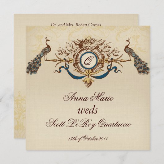 ヴィンテージピーコックスクエア結婚式招待状リネン#5 招待状 (正面/裏面)