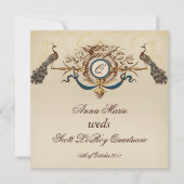 ヴィンテージピーコックスクエア結婚式招待状リネン#5 招待状 (正面)